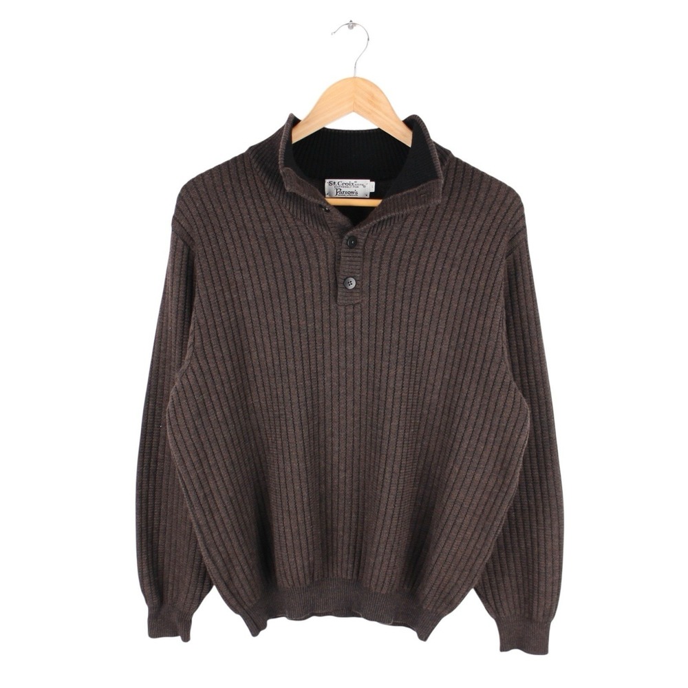 Vintage St. Croix Knit Henley Sweater Ribbed Wool Blend Brown Mens Large